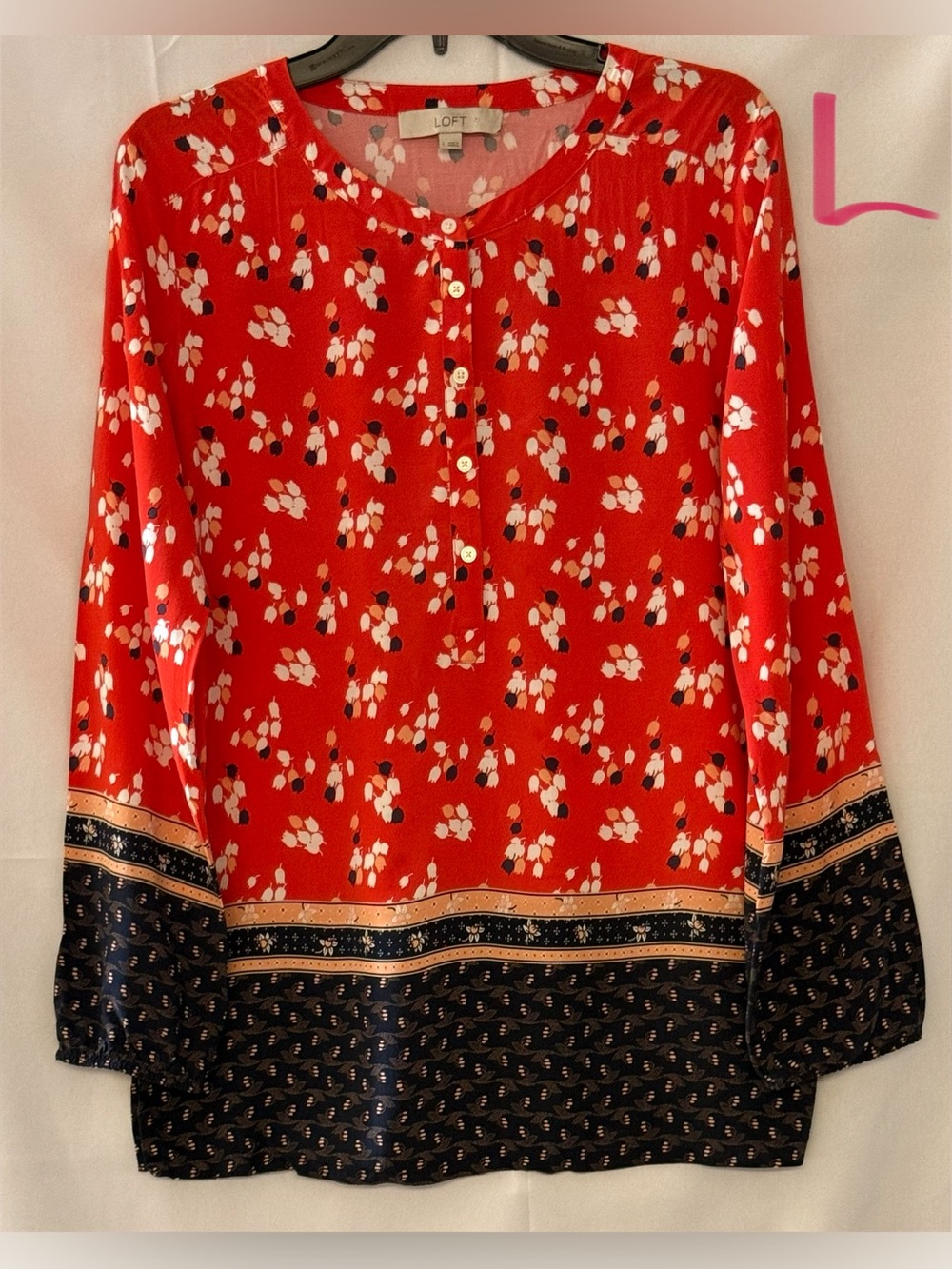 LOFT Red Floral-Print Long-Sleeve Tunic with Navy Border and Tan Stripe